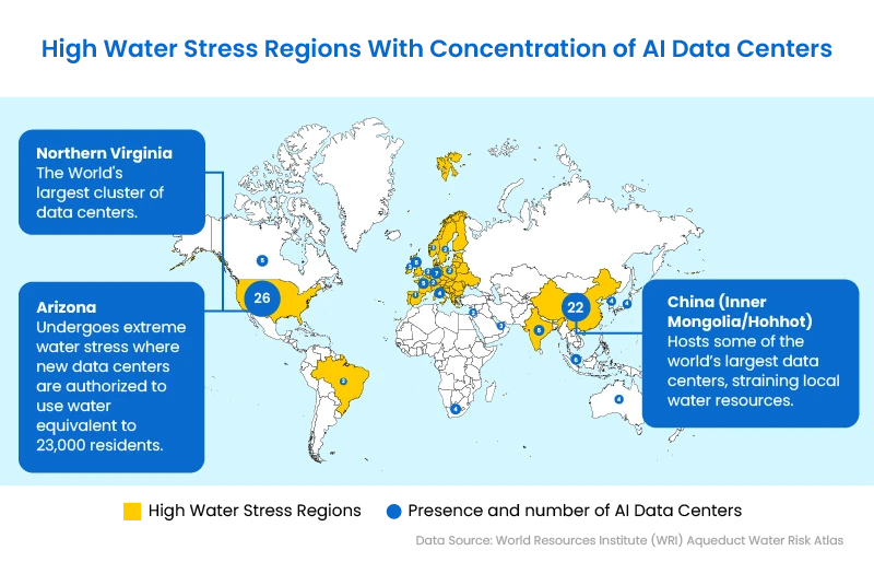 Map of high water stress with concentration of AI data centers